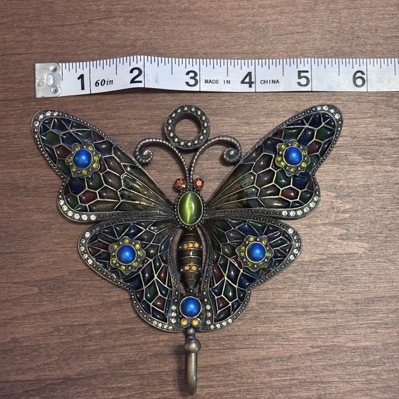 Decorative Metal Butterfly Wall Hook with Blue, Green & Amber Accents - Picture 2 of 12